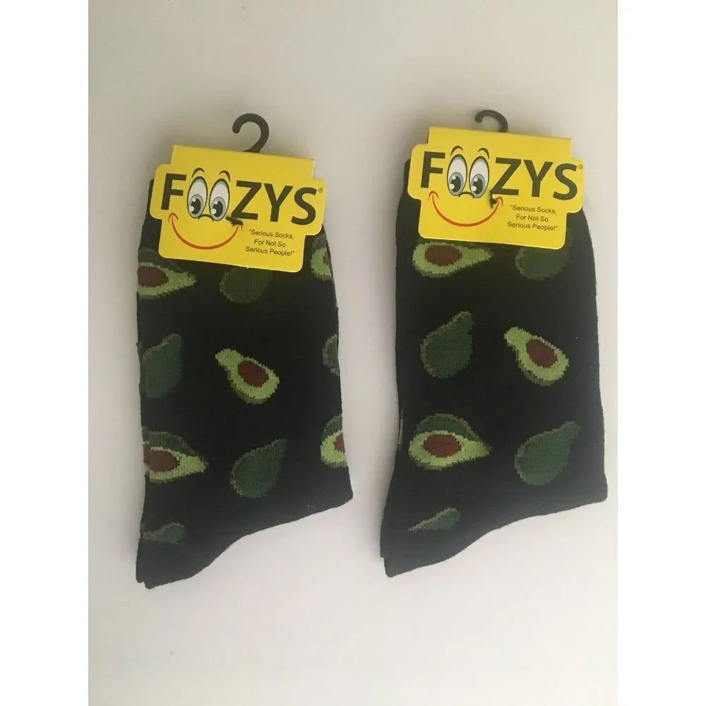 2 Foozys Avocado Fun Novelty Crew Socks Ladies/Girls Black LOT QUALITY NEW